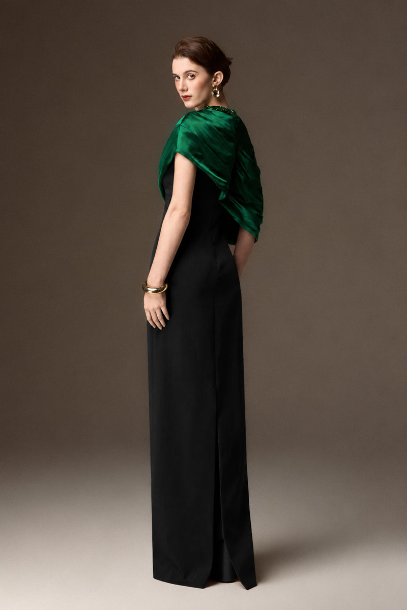 AURELIA BLACK AND GREEN ASYMMETRIC CAPE COLUMN GOWN