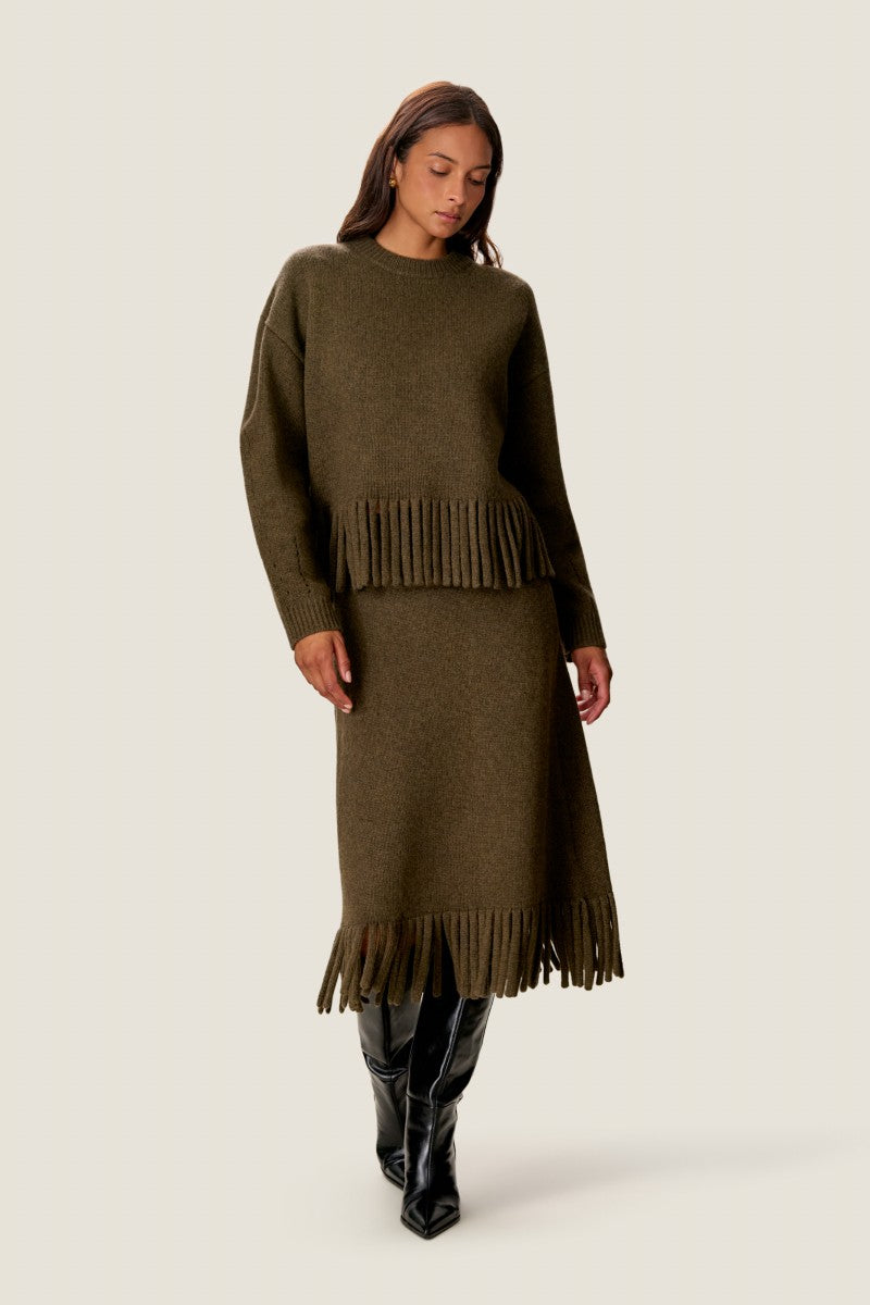 EMELIA FRINGE SWEATER IN OLIVE