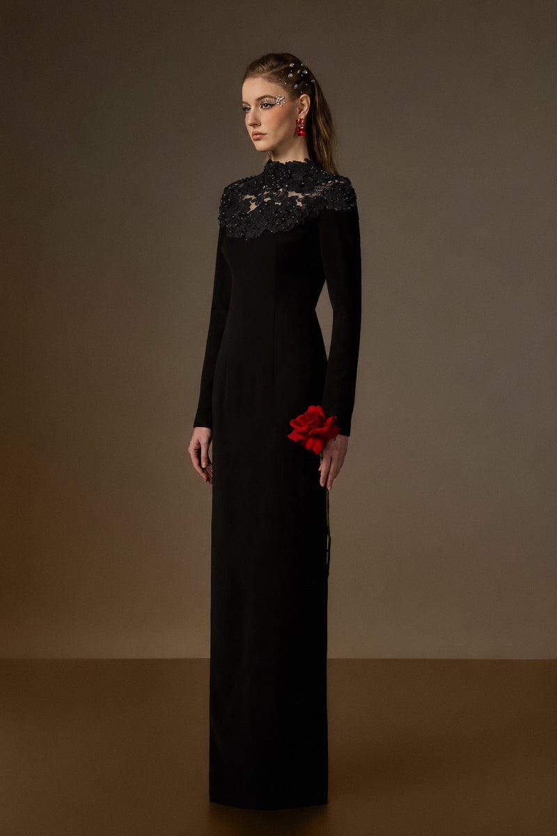 CORDELIA BLACK CRYSTAL EMBELLISHED LACE COLUMN GOWN
