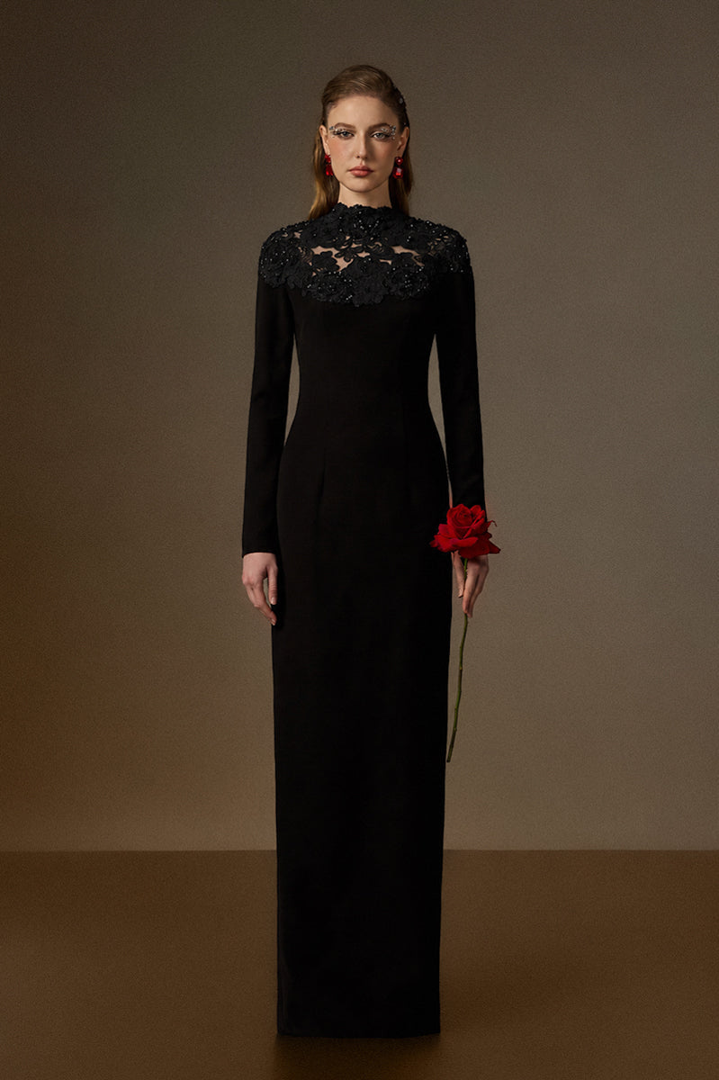CORDELIA BLACK CRYSTAL EMBELLISHED LACE COLUMN GOWN