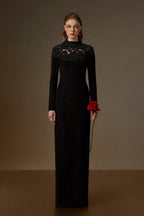 CORDELIA BLACK CRYSTAL EMBELLISHED LACE COLUMN GOWN