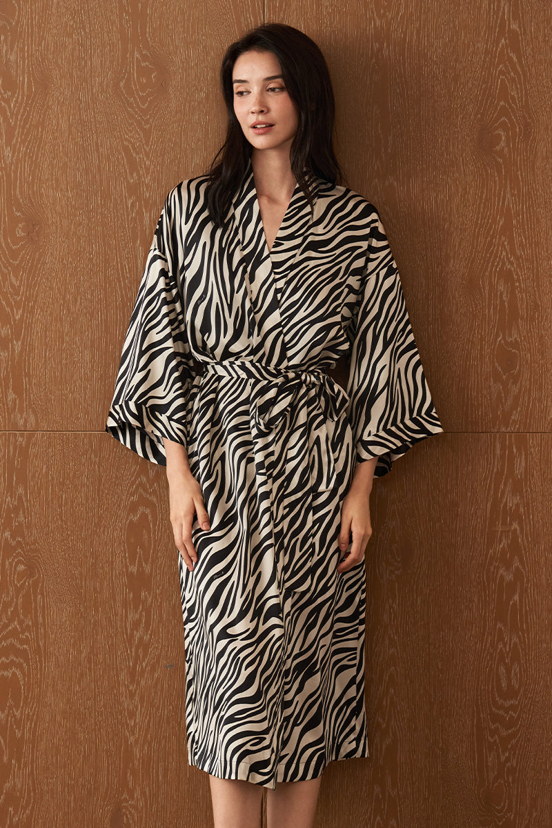 JUNGLE ZEBRA PRINT WOMEN'S SILK ROBE IN ZEBRA PRINT