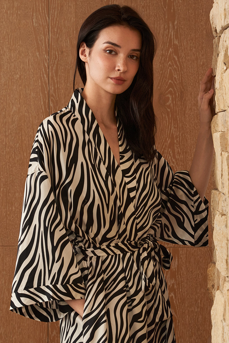 JUNGLE ZEBRA PRINT WOMEN'S SILK ROBE IN ZEBRA PRINT