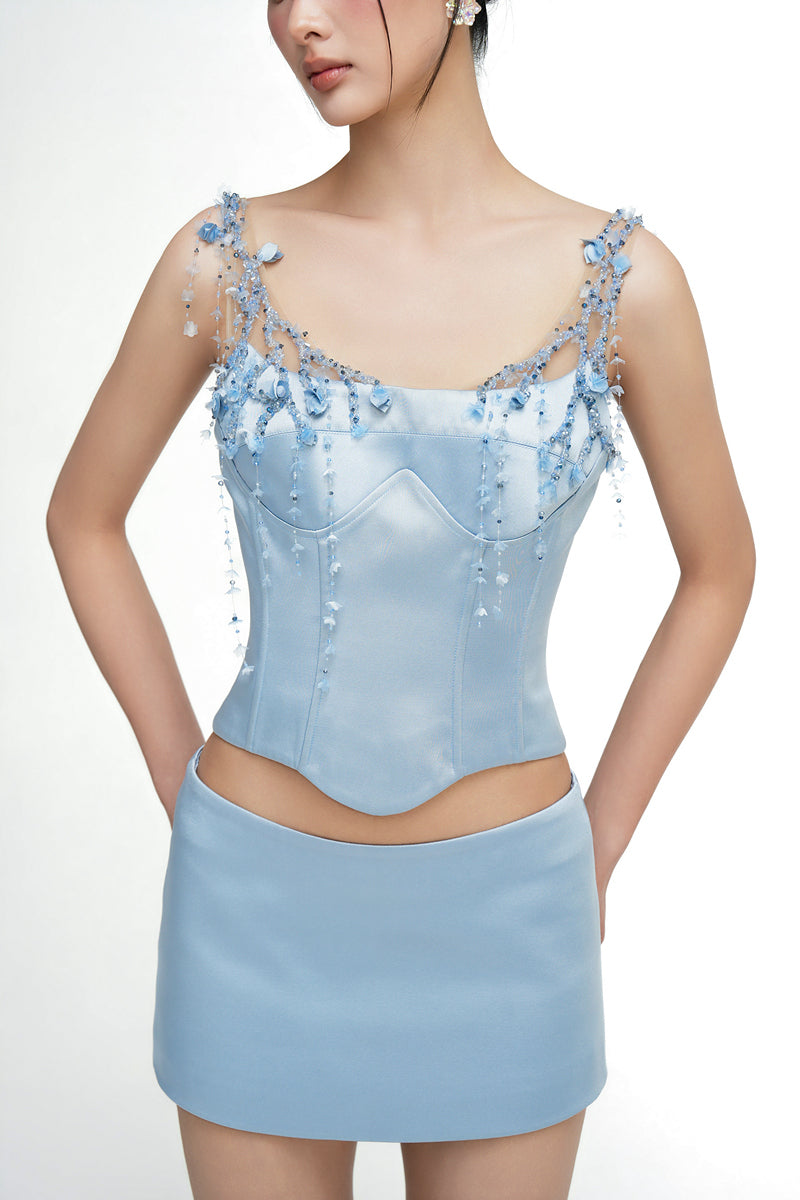 DELILAH SILK TAFFETA TOP AND MARIELLE SKIRT IN LIGHT BLUE