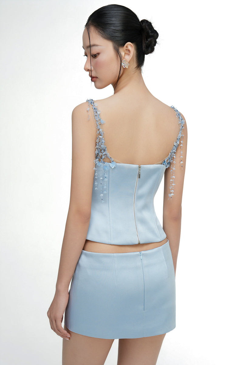 DELILAH SILK TAFFETA TOP AND MARIELLE SKIRT IN LIGHT BLUE