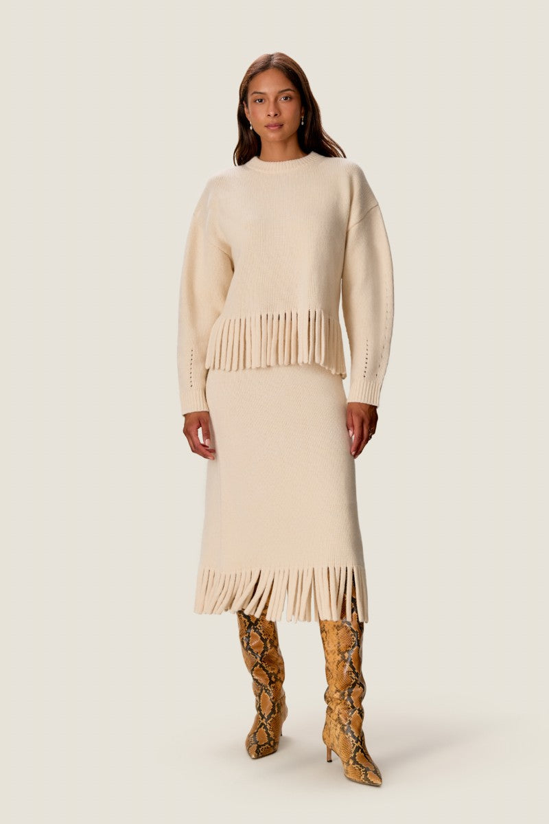 EMELIA FRINGE SWEATER SKIRT IN ALABASTER