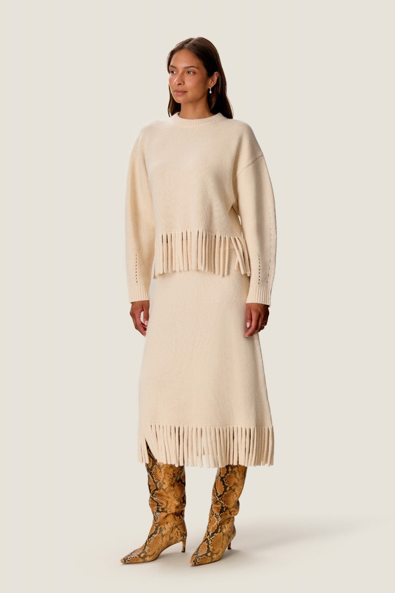 EMELIA FRINGE SWEATER SKIRT IN ALABASTER