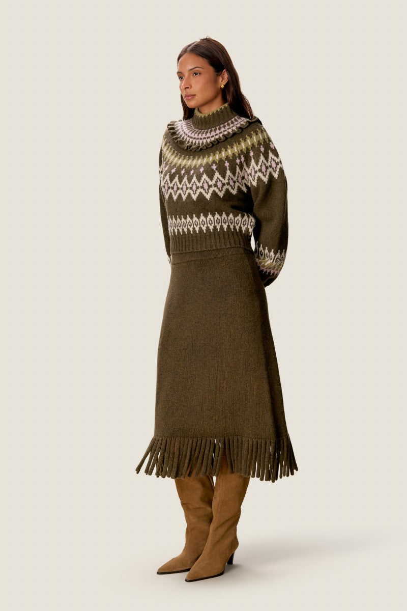 EMELIA FRINGE SWEATER SKIRT IN OLIVE