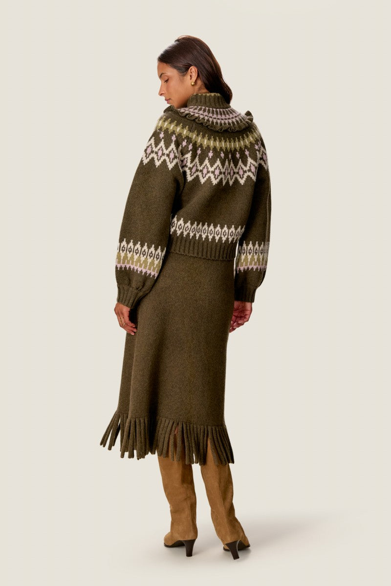 EMELIA FRINGE SWEATER SKIRT IN OLIVE