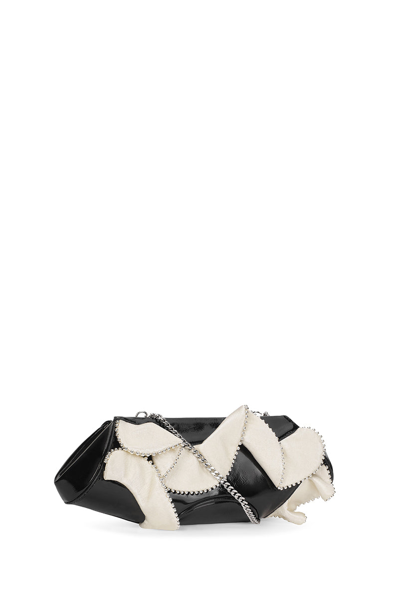 ELIZABETH BAGUETTE MINI CLUTCH RUFFLE SILK CRINKLE IN PUMICE AND BLACK