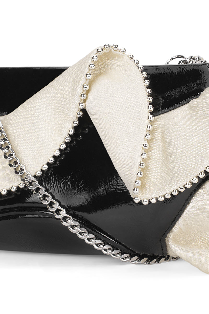 ELIZABETH BAGUETTE MINI CLUTCH RUFFLE SILK CRINKLE IN PUMICE AND BLACK