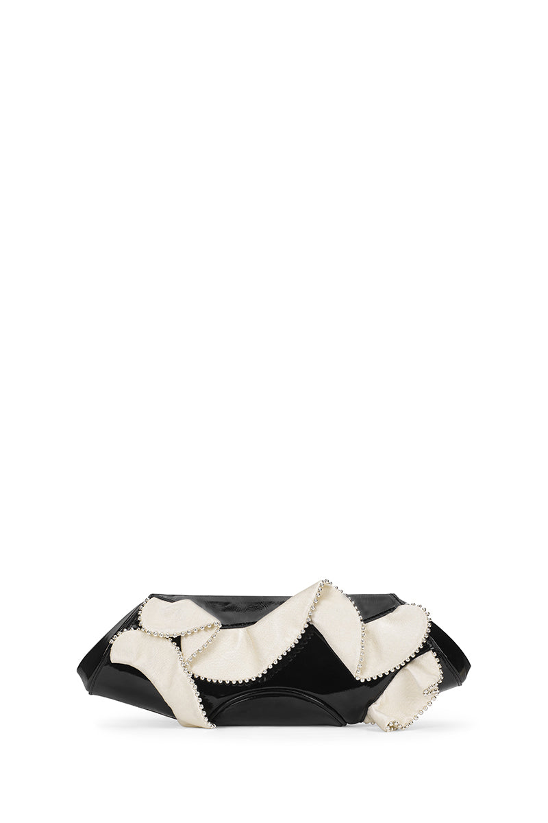 ELIZABETH BAGUETTE MINI CLUTCH RUFFLE SILK CRINKLE IN PUMICE AND BLACK
