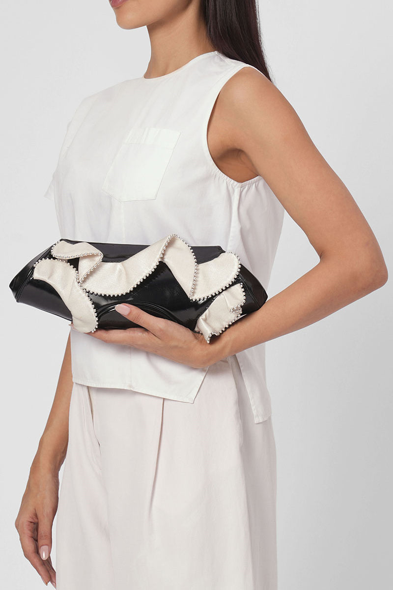 ELIZABETH BAGUETTE MINI CLUTCH RUFFLE SILK CRINKLE IN PUMICE AND BLACK