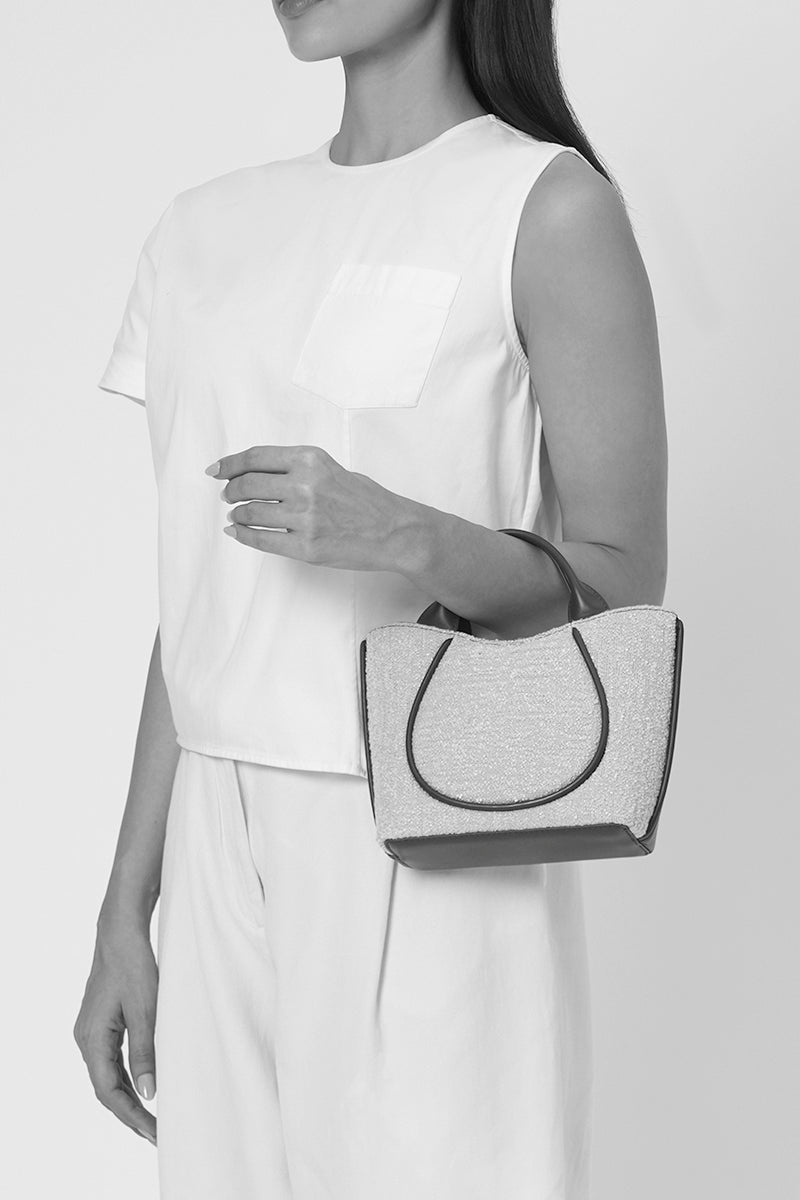 KATRINA MINI TOTE NO2 BOUCLE WOOL NAPPA IN PUMICE AND BLACK
