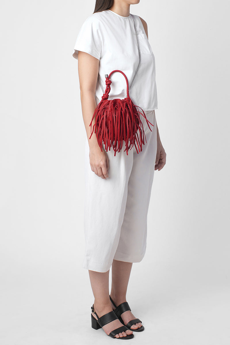 INA MINI POTLI FRINGE NAPPA IN RED
